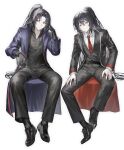  2boys black_coat black_footwear black_hair black_pants black_shirt black_socks bonno_sasu brothers chinese_clothes coat collared_shirt high_ponytail highres hong_lu_(project_moon) jia_huan_(project_moon) limbus_company long_hair long_sleeves looking_at_viewer mandarin_collar multiple_boys necktie pants parted_bangs project_moon red_necktie shirt shoes siblings sidelocks simple_background sitting smile socks very_long_hair white_background white_shirt 