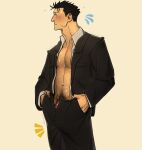  1boy bara bare_pectorals black_hair black_jacket black_pants blush bulge chest_hair chris_sdd clothes_pull cowboy_shot flying_sweatdrops highres higuruma_hiromi jacket jujutsu_kaisen male_focus male_pubic_hair mature_male muscular muscular_male navel navel_hair notice_lines open_clothes open_jacket open_pants open_shirt pants pants_pull pectorals penis penis_peek profile pubic_hair pulled_by_self shirt short_hair simple_background solo sweat unzipped veins white_shirt yellow_background 