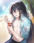  1boy abs beach black_hair blue_shirt bonno_sasu day floral_print foodification high_ponytail highres hong_lu_(project_moon) limbus_company lobotomy_corporation long_hair ocean open_clothes open_shirt outdoors palm_tree parfait pectorals project_moon punishing_bird shirt solo tree very_long_hair 