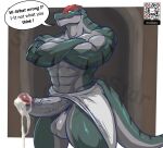  abs anthro balls biceps blush bodily_fluids cum genital_fluids genitals hi_res kudo_(the_dawn_of_the_witch) leaking_cum lizard male masterelrest muscular muscular_anthro muscular_male penis reptile scalie solo tail the_dawn_of_the_witch towel vein veiny_penis 