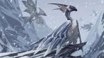  animal_focus beak claws commentary day fins flying from_side full_body grey_sky head_fins legiana looking_ahead monster monster_hunter_(series) mountain no_humans outdoors profile sitting sky snow snowing tail talons wings xilan_tea yellow_eyes 