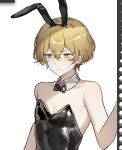  1boy animal_ears art_tools_in_frame bare_arms black_bow black_leotard blonde_hair blush bonno_sasu bow bowtie closed_mouth detached_sleeves fake_animal_ears highres leotard limbus_company male_focus male_playboy_bunny project_moon rabbit_ears sinclair_(project_moon) solo sweat traditional_bowtie upper_body yellow_eyes 