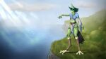  absurd_res anthro avian avian_feet beak big_ears bird blue_eyes clothed clothing detailed_background digital_media_(artwork) enelorin feathers female grass green_body hair hi_res pimstacja plant solo tail tail_feathers water 