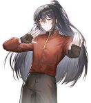  1boy black_gloves black_hair black_pants bonno_sasu chinese_clothes fingerless_gloves gloves high_ponytail highres hong_lu_(project_moon) jacket long_hair long_sleeves looking_at_viewer mandarin_collar pants project_moon red_jacket simple_background smile solo very_long_hair white_background 