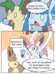  brother_(lore) brother_and_sister_(lore) comic dialogue eevee eeveelution english_text female feral generation_1_pokemon generation_4_pokemon generation_6_pokemon glaceon group hi_res leafeon looking_at_another male nintendo okazu open_mouth pokemon pokemon_(species) sibling_(lore) sister_(lore) sitting sylveon text watermark white_eyes 