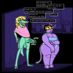  3_fingers 3_toes 4_fingers against_surface against_wall alley anthro balls big_breasts big_butt black_background black_hair blonde_hair blush bodily_fluids bottomless bratty_(undertale) breasts bulging_breasts butt catty_(undertale) clothed clothing crocodile crocodilian crocodylid crossgender dialogue domestic_cat drill_curls duo english_text eyelashes feet felid feline felis female fingers fti_crossgender fully_clothed fur genitals green_balls green_body green_penis green_skin grunting hair hi_res highlights_(coloring) intersex intersex/female lipstick long_hair long_penis long_tail looking_at_another looking_at_butt looking_away looking_down makeup mammal masturbation motion_blur narrowed_eyes nervous outline outside overalls overweight overweight_female penile penile_masturbation penis pink_sclera public public_masturbation purple_body purple_fur questionable_consent red_lipstick reptile saggy_balls scaled_penis scalie side_butt simple_background sound_effects standing sweat sweatdrop tail teeth text text_box thick_thighs toes topwear topwear_only trash_can undertale undertale_(series) white_outline xenopavilia yellow_sclera 