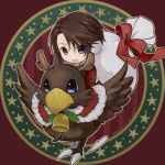  1boy alternate_costume animal bell bird blue_eyes bow brown_hair brown_wings chibi chocobo christmas commentary_request dated earmuffs fake_horns feathered_wings final_fantasy final_fantasy_viii full_body fur_trim hiryuu_(kana_h) holly horns lowres male_focus open_mouth red_bow riding riding_animal running sack scar scar_on_face short_hair signature sitting solo squall_leonhart star_(symbol) wings 