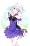  1girl breasts choker commentary commission dress feet_out_of_frame fire_emblem fire_emblem:_three_houses highres keyadraws long_sleeves looking_at_viewer lysithea_von_ordelia pantyhose pink_eyes pointy_ears short_hair small_breasts symbol-only_commentary twitter_username white_hair 