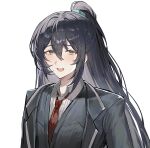  1boy aqua_eyes black_coat black_eyes black_hair black_vest blush bonno_sasu coat collared_shirt half_updo heterochromia high_ponytail hong_lu_(project_moon) limbus_company long_hair looking_at_viewer male_focus necktie open_mouth project_moon red_necktie shirt simple_background smile solo very_long_hair vest white_background 