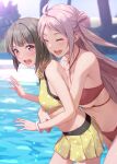  2girls :d ahoge arms_around_waist artist_name bikini blunt_bangs blunt_ends blurry blurry_background blush bob_cut breasts closed_eyes commentary cowboy_shot criss-cross_halter depth_of_field double_bun foliage grey_hair hair_bun halterneck hands_up highres hug hug_from_behind large_breasts long_hair looking_at_another looking_back love_live! love_live!_school_idol_festival_all_stars mole mole_under_eye multiple_girls nakasu_kasumi open_mouth outdoors pink_hair polka_dot polka_dot_bikini pool purple_eyes red_bikini shamakho short_hair signature small_breasts smile surprised swimsuit swimsuit_skirt teeth tree underboob upper_teeth_only white_bracelet yellow_bikini zhong_lanzhu 