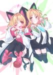  2girls animal_ear_headphones animal_ears black_skirt black_thighhighs blonde_hair blue_archive blue_bow blue_necktie blush boots bow cat_tail closed_mouth collared_shirt fake_animal_ears giorgio_(yo_sumire_sola1) green_eyes green_halo hair_bow halo headphones highres jacket long_sleeves midori_(blue_archive) momoi_(blue_archive) multiple_girls necktie one_eye_closed open_clothes open_jacket open_mouth pink_footwear pink_halo red_bow red_eyes shirt short_hair skirt smile tail thighhighs white_jacket white_shirt wide_sleeves 