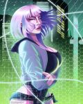  1girl absurdres breasts cityscape cyberpunk cyberpunk_(series) cyberpunk_2077 cyberpunk_edgerunners green_background gregorillart highres huge_breasts large_breasts lucy_(cyberpunk) pink_hair self-upload 