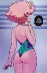 1girl alternate_costume ashido_mina ass bare_arms bare_shoulders black_sclera blurry blurry_background boku_no_hero_academia colored_sclera colored_skin cowboy_shot english_text from_behind green_one-piece_swimsuit hand_up highres index_finger_raised loodncrood one-piece_swimsuit pink_hair pink_skin purple_one-piece_swimsuit shiny_skin short_hair solo speech_bubble swimsuit yellow_eyes 