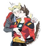  2boys animal_ear_fluff animal_ears arc_reactor avengers_academy black_pants black_shirt blonde_hair blue_eyes blue_pants blue_shirt brown_hair buttons cat_ears cat_tail closed_eyes closed_mouth collarbone collared_shirt commentary_request dog_ears dog_tail fingernails grey_jacket hands_up jacket kemonomimi_mode kiss kissing_cheek korean_commentary long_sleeves looking_at_another male_focus marvel multicolored_clothes multicolored_jacket multiple_boys open_clothes open_jacket pants red_jacket rro_hr2 shirt short_hair simple_background standing steve_rogers t-shirt tail tony_stark white_background yaoi yellow_jacket 