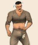  1boy arm_hair bara black_hair blush bulge chest_hair_peek chris_sdd cleft_chin closed_eyes clothes_lift cowboy_shot facial_hair grey_hair grey_pants grey_shirt hand_under_clothes highres invincible_(series) long_sleeves male_focus mature_male multicolored_hair muscular muscular_male mustache navel navel_hair nolan_grayson notice_lines old old_man open_mouth pants pectoral_cleavage pectorals shirt shirt_lift short_hair simple_background sleeves_rolled_up solo streaked_hair sweat sweatpants thick_mustache v-neck yellow_background 