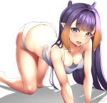  1girl :d absurdres all_fours bare_shoulders black_hair blunt_bangs breasts crawling downblouse hanging_breasts highres hololive hololive_english long_hair looking_at_viewer mole mole_under_eye ninomae_ina&#039;nis panties pointy_ears smile solo twitter_username underwear valtaur_tw white_panties 