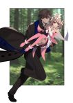  1boy 1girl ascot bare_shoulders black_coat black_eyes black_footwear black_pants black_suit blush boots breasts brown_hair cape carrying coat dress elbow_gloves fate/grand_order fate/kaleid_liner_prisma_illya fate_(series) feather_hair_ornament feathers forest gloves hair_ornament highres illyasviel_von_einzbern layered_gloves light_brown_hair long_hair long_sleeves magical_ruby nature pants pei_iriya pink_dress pink_footwear pink_gloves priest princess_carry prisma_illya rasputin_(fate) red_eyes running short_hair sidelocks skirt small_breasts stole suit thigh_boots two_side_up wand white_cape white_gloves white_skirt 