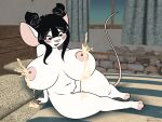  2023 3d_background 4:3 anthro big_breasts black_hair blush bodily_fluids breasts female hair halcy0n hi_res huge_breasts inside lactating mammal mouse murid murine navel nipples rodent short_stack smile solo tail white_body 