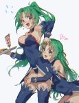  2girls absurdres angel_mort armpits bare_shoulders black_leotard black_sleeves blush breasts bsgkstnals03 cleavage covered_navel detached_collar detached_sleeves embarrassed fang green_eyes green_hair hair_ribbon half_updo heart highres higurashi_no_naku_koro_ni hug hug_from_behind large_breasts leotard long_hair looking_at_another multiple_girls open_mouth parfait parted_bangs ponytail raised_eyebrows ribbon showgirl_skirt siblings sidelocks simple_background sisters skin_fang skirt smile sonozaki_mion sonozaki_shion strapless strapless_leotard sweatdrop thighhighs tray twins v-shaped_eyebrows waitress white_background yellow_ribbon 