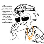  anthro avian avian_demon balck_text beanie bird bow_tie chain clothing demon dialogue eyewear hair hat headgear headwear helluva_boss hi_res holding_microphone holding_object male microphone owl owl_demon rapper rapping short_hair simple_background solo standing stolas_(helluva_boss) sunglasses teathekook text white_background 