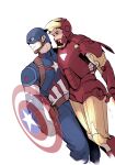  2boys arc_reactor armor avengers_(series) belt blue_bodysuit blue_eyes bodysuit brown_belt brown_eyes brown_gloves brown_hair captain_america clenched_hand closed_mouth facial_hair fingerless_gloves flying full_armor gloves hand_around_waist helmet highres holding holding_shield iron_man looking_to_the_side male_focus marvel multicolored_armor multiple_boys pocket power_armor red_armor rv0fya shield short_hair simple_background smile star_(symbol) steve_rogers striped superhero tony_stark white_background yaoi yellow_armor 