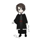  1boy black_kimono black_robe black_socks blue_eyes brown_hair chibi commentary_request dated expressionless final_fantasy final_fantasy_viii full_body fur-trimmed_robe fur_trim hiryuu_(kana_h) japanese_clothes kimono male_focus red_sash robe sandals sash scar scar_on_face short_hair signature simple_background socks solo squall_leonhart translation_request white_background 