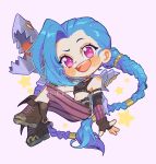  1girl :d arcane:_league_of_legends arcane_jinx artist_name bare_shoulders blush blush_stickers breasts brown_footwear brown_gloves crop_top double_bun fingerless_gloves gloves green_hair hair_bun hele_bun holding holding_rocket_launcher holding_weapon jinx_(league_of_legends) league_of_legends long_hair looking_at_viewer navel pants pink_eyes pink_pants rocket_launcher small_breasts smile solo star_(symbol) stomach striped striped_pants teeth torn_clothes torn_pants twintails upper_teeth_only watermark weapon white_background 