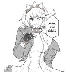 1girl bracelet breasts elphelt_valentine guilty_gear guilty_gear_strive hairband jewelry large_breasts looking_at_viewer meme monochrome mwrylyx nah_i&#039;d_win_(meme) off_shoulder short_hair smile spiked_bracelet spiked_hairband spikes 