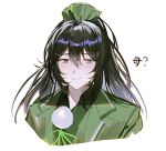  1boy black_hair bonno_sasu closed_mouth coat e.g.o_(project_moon) green_coat green_ribbon green_shirt hong_lu_(project_moon) limbus_company long_hair neck_ribbon project_moon ribbon shirt simple_background smile solo upper_body very_long_hair white_background 