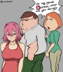  1boy 2girls absurdres cleft_chin collared_shirt distracted_boyfriend_(meme) double_chin earrings family_guy fat fat_man glasses green_pants green_shirt grey_background hair_intakes hair_ornament hairclip highres jewelry kowai_(iamkowai) lois_griffin meme multiple_girls original pants peter_griffin purple_eyes purple_hair red_tank_top round_eyewear shirt tank_top white_shirt yellow_pants 