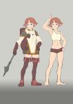  absurdres armor blue_eyes breastplate brown_hair dungeons_and_dragons gauntlets gloves grey_background hanpixe highres holding holding_weapon pauldrons pointy_ears shield shield_on_back short_shorts shorts shoulder_armor tank_top thighhighs war_hammer weapon 