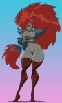  anthro big_breasts boots breasts butt_from_the_front canid canine clothing featureless_crotch female fingers footwear fur generation_5_pokemon hair high_heeled_boots high_heels legwear looking_at_viewer mammal nintendo nipples pokemon pokemon_(species) red_hair solo standing theoverloader thick_thighs thigh_boots thigh_highs wide_hips zoroark 