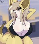  absurd_res anthro big_breasts big_butt breasts butt canid canine clothed clothing detailed_background digital_media_(artwork) eyewear fay_(fennythefox) female fennec fennythefox fox fur glistening glistening_body hair hi_res huge_breasts huge_butt mammal short_stack simple_background solo sunglasses swimwear tail thick_thighs tongue wide_hips 