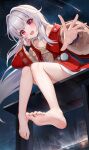  1girl bare_legs barefoot blush brown_sweater clara_(honkai:_star_rail) commentary feet ginn_(hzh770121) grey_hair highres honkai:_star_rail honkai_(series) jacket long_hair long_sleeves open_mouth reaching reaching_towards_viewer red_eyes red_jacket single_bare_shoulder sitting soles solo sweater toenails toes 
