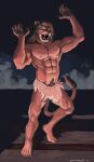  2023 5_fingers 5_toes abs anthro barefoot bottomwear brown_mane claws clothed clothing electricity fangs feet felid finger_claws fingers fur humanoid_feet humanoid_hands lightning lion male mammal mane muscular muscular_anthro muscular_male navel nipples pantherine pecs plantigrade pubes sampsonwoof shorts signature solo storm story story_in_description tan_body tan_fur teeth toe_claws toes topless topless_anthro topless_male torn_bottomwear torn_clothing torn_shorts xavier_aswan 