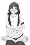  1girl :t anger_vein blunt_bangs blush breasts clothes_pull ding36 fern_(sousou_no_frieren) gym_shirt highres large_breasts long_hair looking_at_viewer monochrome navel panties pout shirt shirt_pull sitting solo sousou_no_frieren sweat thighhighs underwear 