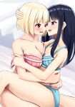  2girls absurdres bed black_hair blonde_hair blue_bra blue_panties blush bra breasts cleavage collarbone embarrassed eye_contact hand_on_another&#039;s_head highres hug indoors inoue_takina large_breasts lingerie long_hair looking_at_another lycoris_recoil medium_breasts mosuchaka multiple_girls nishikigi_chisato open_mouth panties pink_bra purple_eyes red_eyes short_hair sitting sitting_on_person smile underwear yuri 