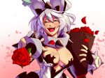  1girl black_gloves black_nails blizzardingpike blue_eyes blush bouquet bracelet breasts cleavage cleavage_cutout clothing_cutout clover collar elphelt_valentine flower four-leaf_clover gloves guilty_gear guilty_gear_xrd hairband holding holding_bouquet jewelry large_breasts long_sleeves looking_at_viewer open_mouth petals red_flower red_rose rose rose_petals short_hair smile spiked_bracelet spiked_collar spiked_hairband spikes white_hair 