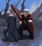  2boys absurdres black_coat black_gloves black_pants black_shirt blue_sky cleft_chin coat cosplay dante_(devil_may_cry) dante_(devil_may_cry)_(cosplay) day devil_may_cry_(series) devil_may_cry_5 devil_sword_dante double_chin family_guy fat fat_man fighting_stance fingerless_gloves glenn_quagmire gloves grey_hair highres holding holding_sword holding_weapon kowai_(iamkowai) male_focus multiple_boys open_mouth outdoors pants peter_griffin red_coat shirt short_hair sky sword vergil_(devil_may_cry) vergil_(devil_may_cry)_(cosplay) weapon yamato_(sword) 