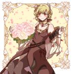  1girl bare_shoulders blonde_hair bouquet brown_dress choker citrinne_(fire_emblem) closed_mouth detached_sleeves dress feather_hair_ornament feathers fire_emblem fire_emblem_engage flower gem gold_choker hair_ornament highres holding holding_bouquet jewelry long_dress looking_at_viewer necklace red_eyes shawl short_hair smile solo user_mmfe4722 