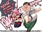  1boy 1girl absurdres bdsm bondage bound breasts brown_footwear brown_hair cleft_chin commission crying demon_girl demon_horns demon_wings double_chin elbow_gloves english_text family_guy fat fat_man glasses gloves green_eyes green_pants hetero highres holding holding_whip horns kowai_(iamkowai) open_mouth original pants peter_griffin pink_eyes pink_hair pointy_ears pubic_tattoo round_eyewear short_hair small_breasts tattoo tears thighhighs very_short_hair whip whipping wings 