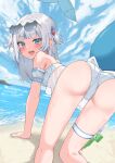  1girl absurdres all_fours ass beach bikini blue_eyes blue_hair blush fins fish_tail gawr_gura hair_ornament highres looking_at_viewer looking_back multicolored_hair open_mouth presenting_ass shark_girl shark_tail streaked_hair swimsuit tail teeth thigh_strap two_side_up virtual_youtuber youyoukai 