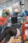  1girl :t absurdres ahoge arknights black_shirt black_thighhighs coat commentary_request crossed_legs feet_out_of_frame grey_coat grey_hair highres legs long_hair looking_at_viewer official_alternate_costume one_side_up open_clothes open_coat putcho red_eyes shirt sitting skadi_(arknights) skadi_(the_next_afternoon_tea)_(arknights) solo thighhighs thighs very_long_hair 
