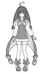  1girl ahoge ass brown_hair cape coat flower full_body greyscale hair_ornament hairband holding holding_umbrella lilka_eleniak long_hair long_sleeves looking_at_viewer low-tied_long_hair monochrome open_mouth sidelocks simple_background smile solo thighhighs umbrella v white_background wild_arms wild_arms_2 