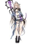  1girl absurdres arknights black_footwear black_gloves blonde_hair blue_cloak breasts cloak closed_mouth dress full_body gloves highres holding holding_scepter indigo_(arknights) legs long_hair looking_at_viewer pointy_ears purple_eyes scepter shinyuxo shoes small_breasts socks solo standing very_long_hair white_background white_dress 