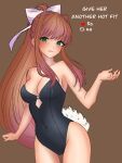  1girl alternate_costume asuno-san bare_arms bare_shoulders black_leotard breasts brown_background brown_hair commentary covered_navel cowboy_shot doki_doki_literature_club english_commentary english_text green_eyes hair_ribbon highres large_breasts leotard like_and_retweet long_hair looking_at_viewer meme monika_(doki_doki_literature_club) parted_lips playboy_bunny ponytail rabbit_tail ribbon sidelocks simple_background sketch smile solo strapless strapless_leotard tail thigh_gap twitter_strip_game_(meme) very_long_hair white_ribbon 