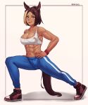  1girl abs animal_ears artist_name blonde_hair blue_pants breasts brown_eyes cleavage dark-skinned_female dark_skin full_body highres horse_ears horse_girl horse_tail large_breasts michelle_my_baby multicolored_hair muscular muscular_female navel open_mouth pants seraziel shoes short_hair sneakers solo streaked_hair stretching sweat tail umamusume umamusume:_cinderella_gray yellow_eyes 