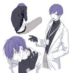  1boy absurdres black_gloves black_sweater coat gabriel_(project_moon) gauze gauze_on_neck gloves hand_up highres id_card lab_coat lob_juice lobotomy_corporation long_sleeves multiple_views open_mouth project_moon purple_hair scratches simple_background smile solo sweater white_background white_coat yellow_eyes 