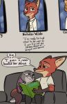  2023 anthro book buckteeth canid canine comic dialogue digit_ring disney female fox furniture green_eyes hi_res inside interspecies jewelry judy_hopps lagomorph leporid male mammal necktie nick_wilde on_sofa purple_eyes rabbit reading reading_book red_fox ring sitting sitting_on_sofa smiling_at_each_other sofa speech_bubble tail_around_partner tangerine_(artist) teeth text wedding_ring yearbook zootopia 