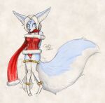  2023 anthro bell big_tail blokfort blue_body blue_eyes blue_fur breasts canid canine christmas clothing dress female fennec fox fur hair holidays kalta_(blokfort) looking_at_viewer mammal panties scarf simple_background solo standing tail underwear white_body white_fur white_hair 